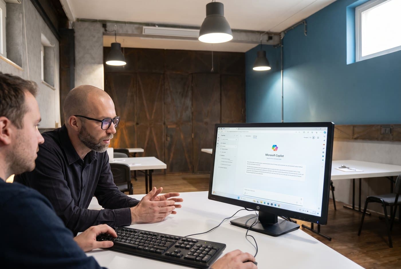 Nikita Kornev erklärt einer Teilnehmerin den Einsatz von Microsoft Copilot am Bildschirm